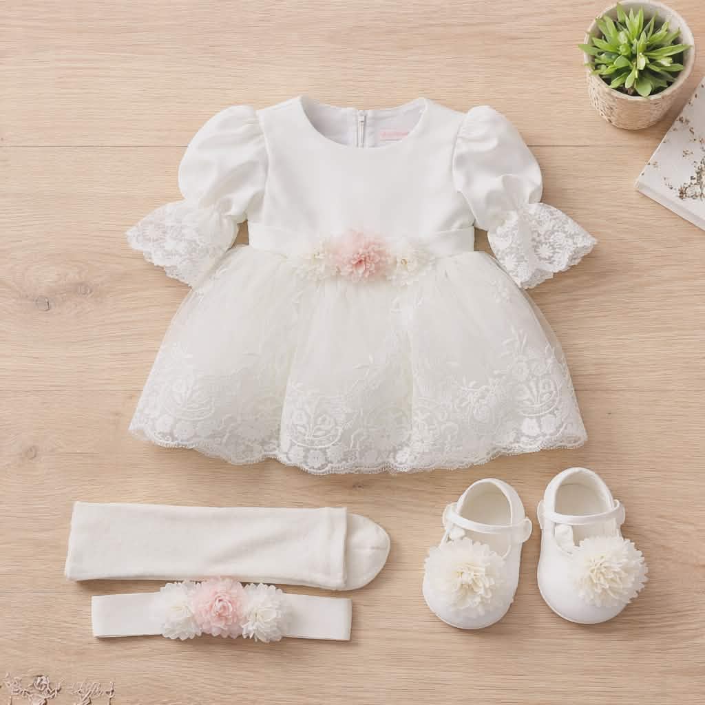 Baby Girl 4-Piece Set-Dress,Shoes,Headband & Tights