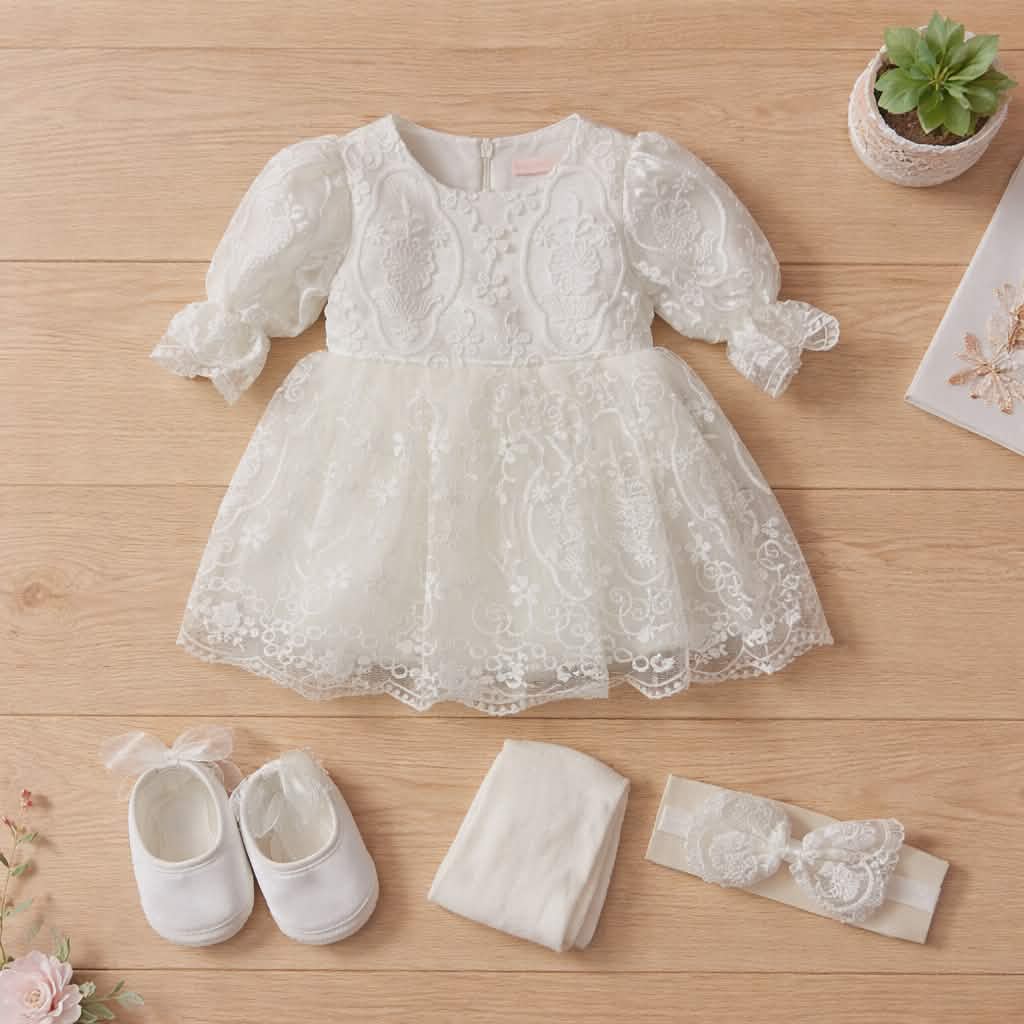 Luxury Baby Girl 4-Piece Outfit – Lace Dress, Shoes, Headband & Tights