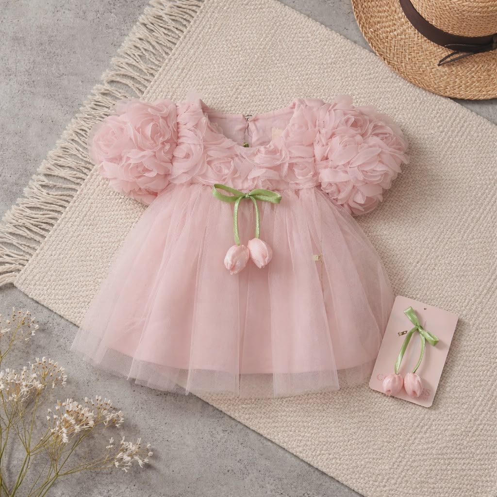 Elegant Baby Girl Dress with Floral Detail & Matching Hair Clip