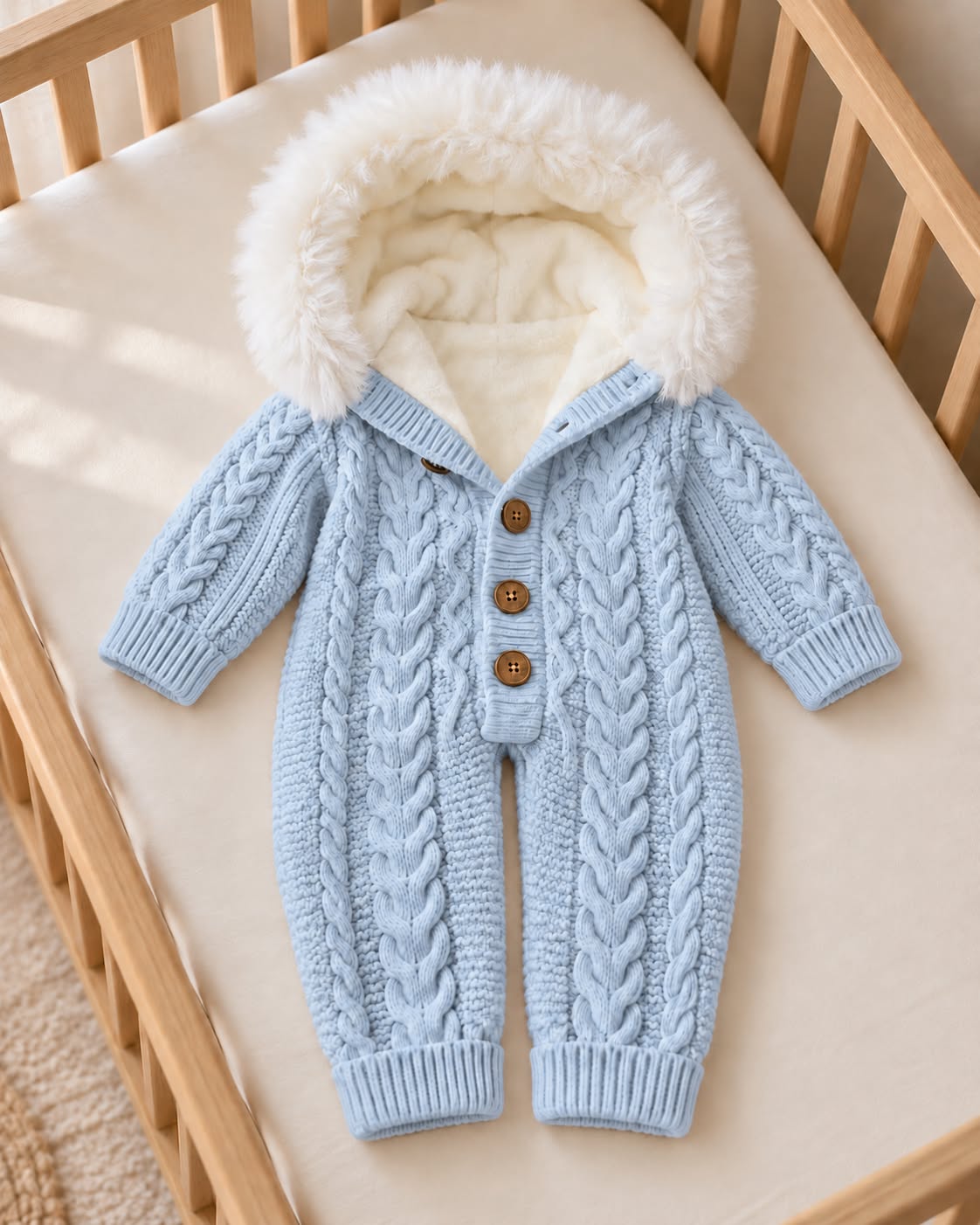 Cable Knit Baby Romper with Soft Lining & Hood