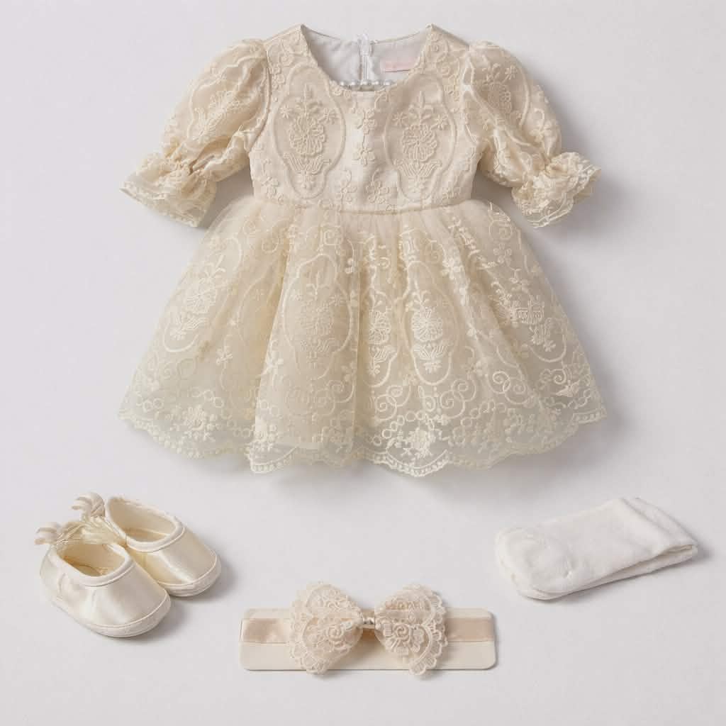 Luxury Baby Girl 4-Piece Outfit – Lace Dress, Shoes, Headband & Tights