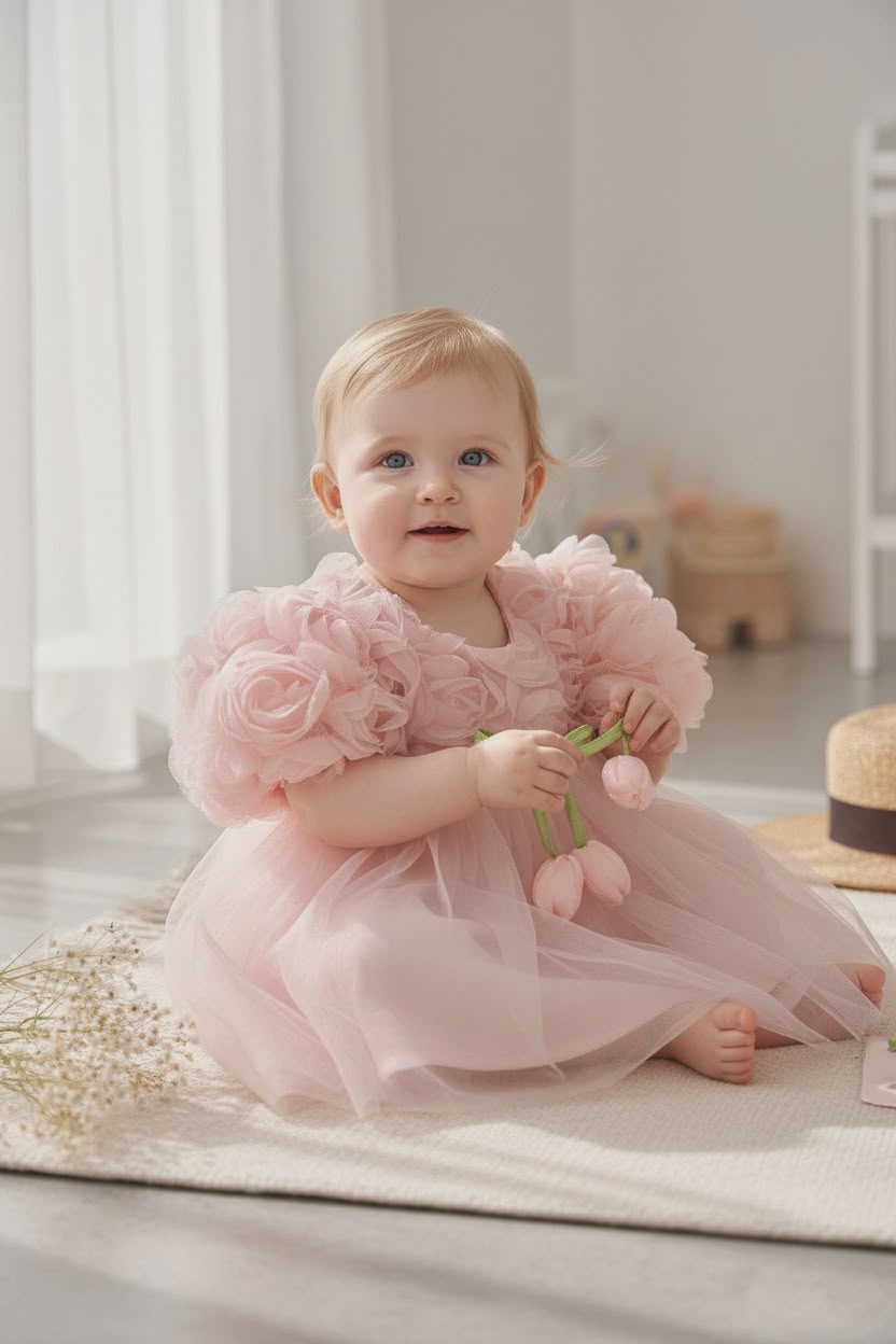 Elegant Baby Girl Dress with Floral Detail & Matching Hair Clip