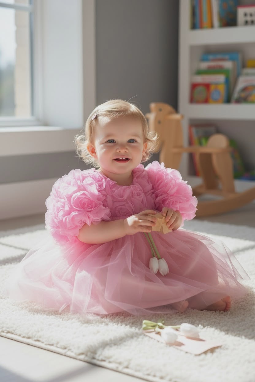 Elegant Baby Girl Dress with Floral Detail & Matching Hair Clip