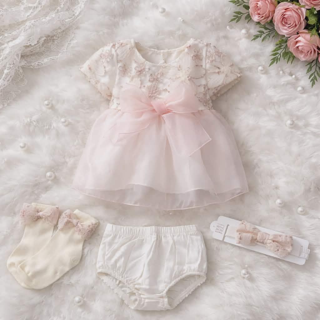 Soft Pink Baby Girl Dress Set with Accessories