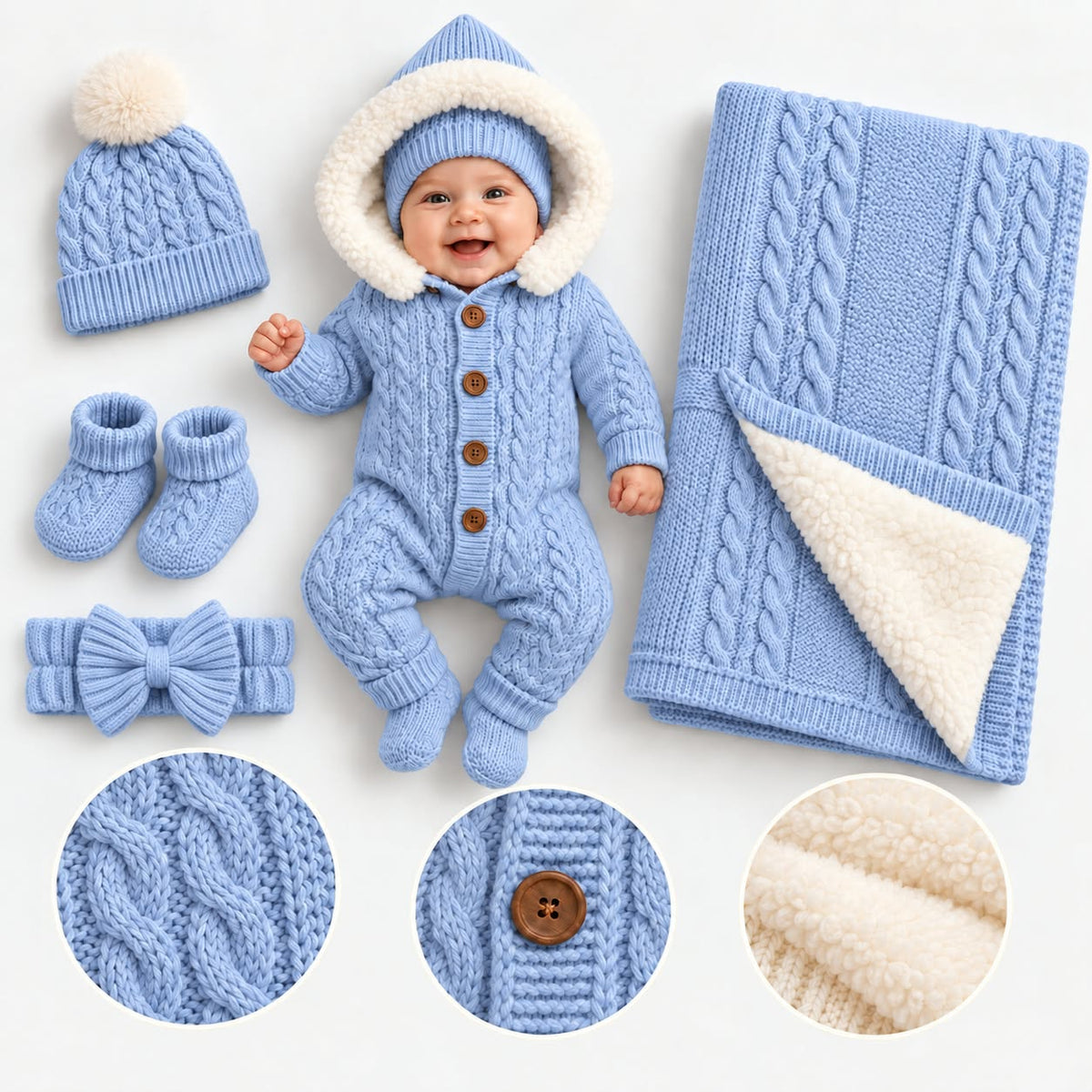 Knitted Baby Gift Set with Blanket & Bow Wrap – 5 Pieces