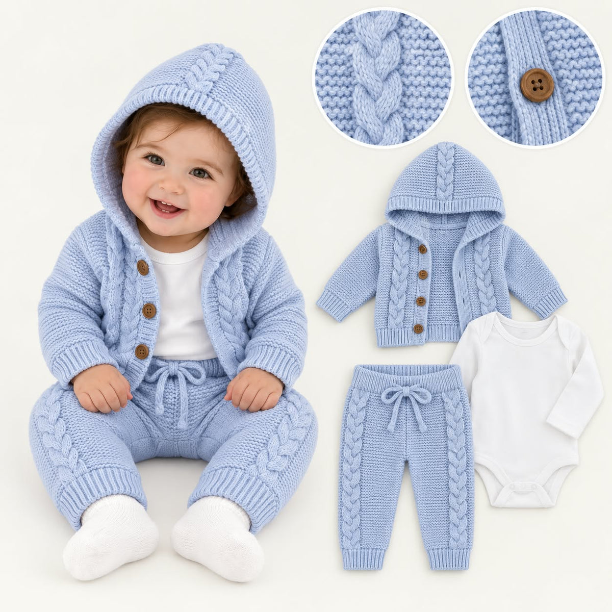 Cable Knit Baby Set – Hooded Cardigan, Bodysuit & Trousers