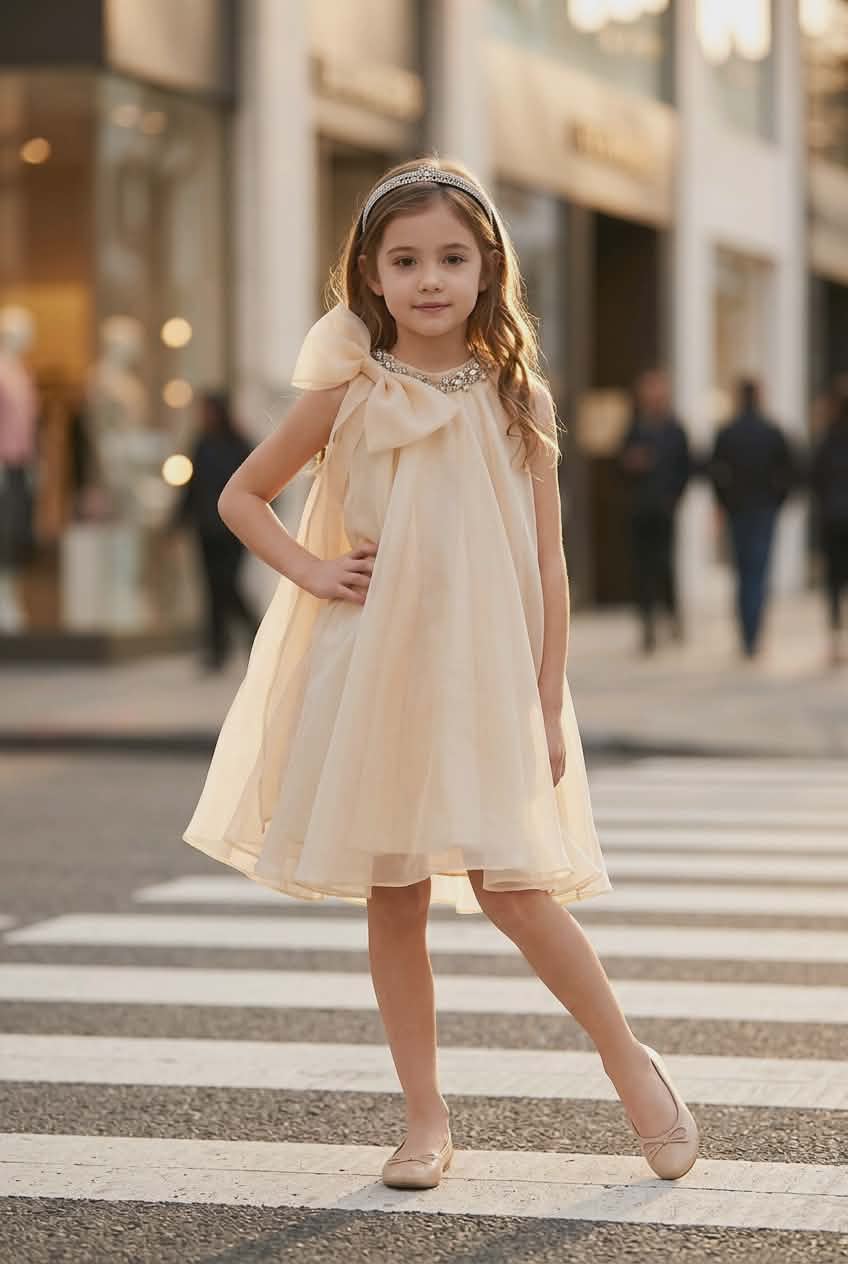 Elegant Party Dress for Girls with Bow Shoulder
