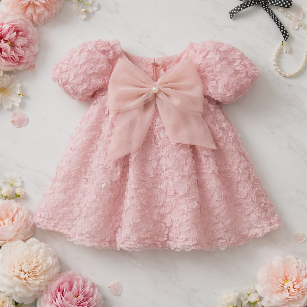 Elegant Baby Girl Dress with Floral Texture & Bow Detail