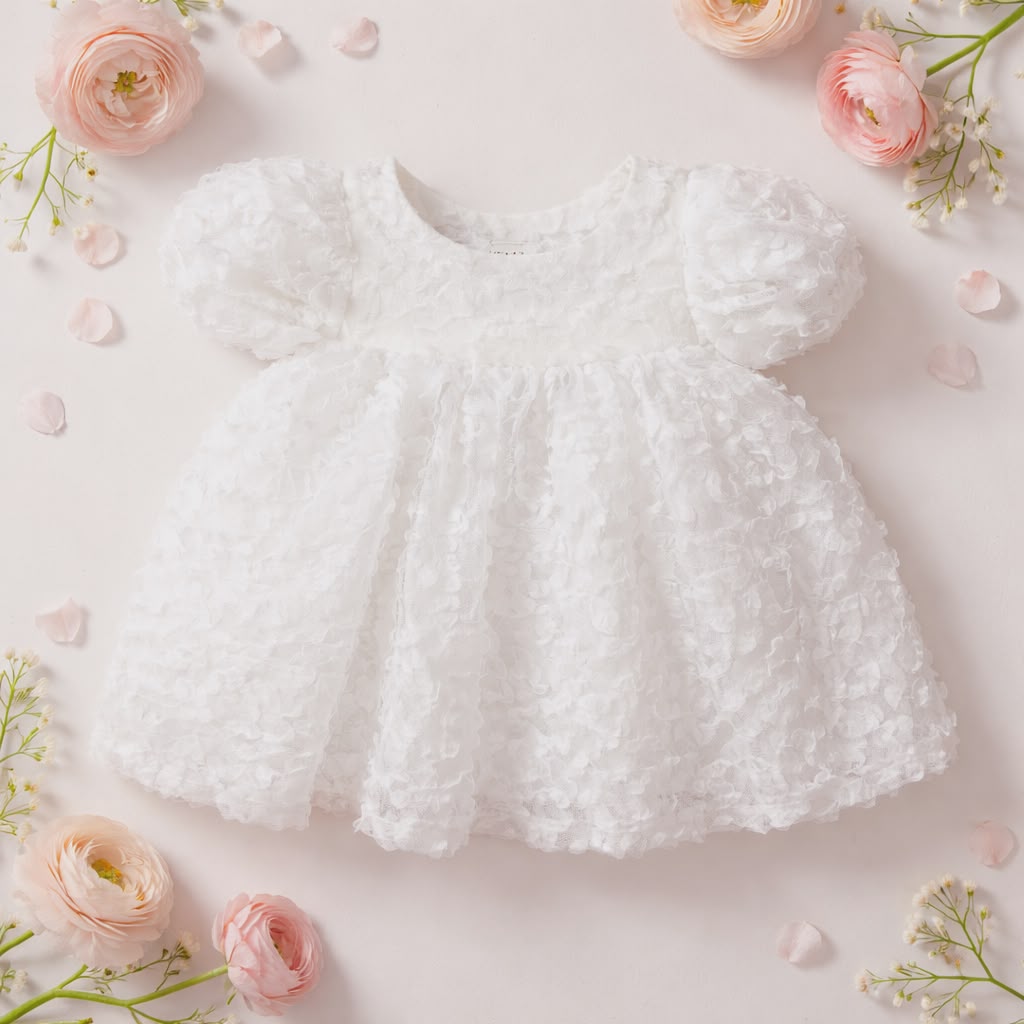 Elegant Baby Girl Dress with Floral Texture & Bow Detail