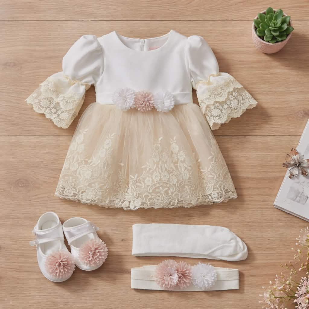 Baby Girl 4-Piece Set-Dress,Shoes,Headband & Tights