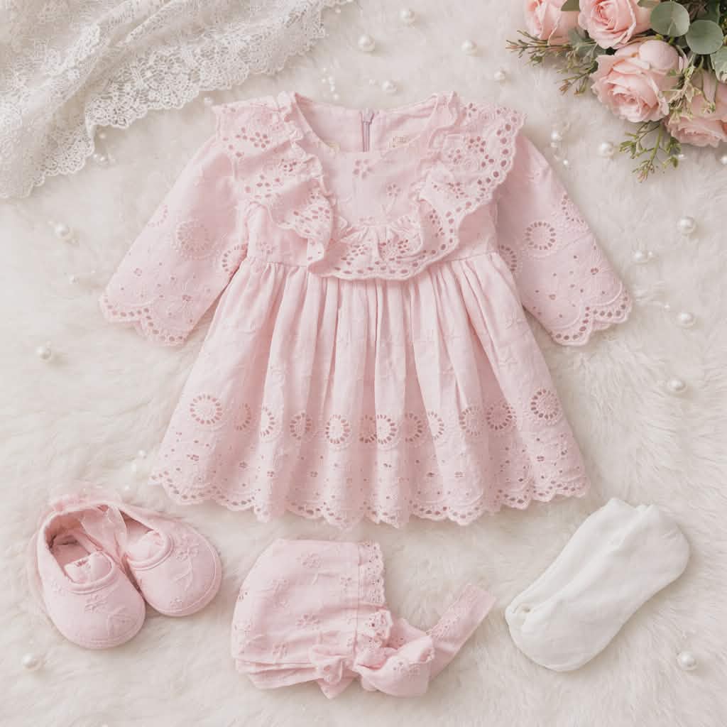 Elegant Baby Girl Set-Dress,Bonne, Tights & Shoes