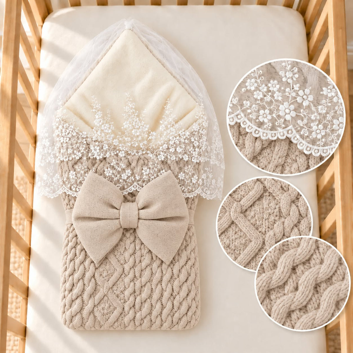 Knitted Baby Swaddle with Bow and Lace