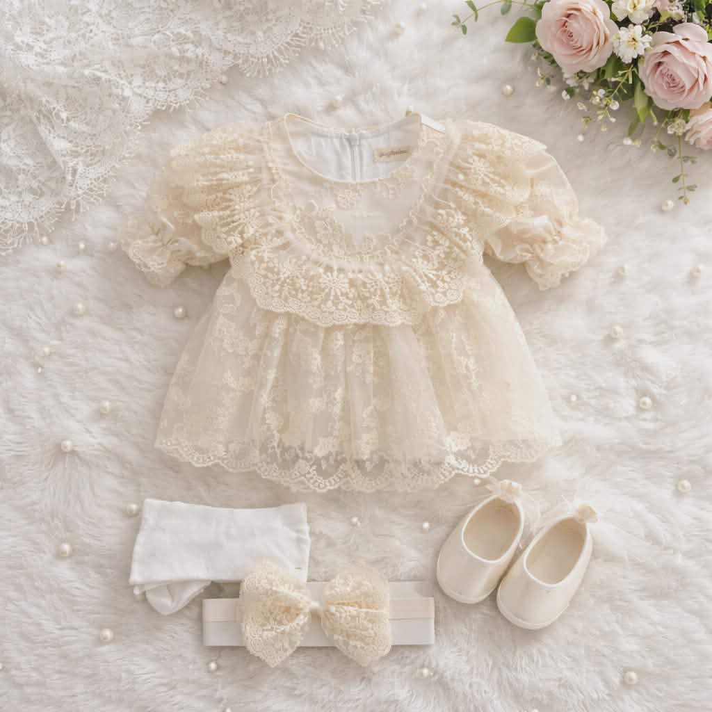 Angel Baby Girl Outfit Set-Lace Dress,Shoes, Headband &Tights