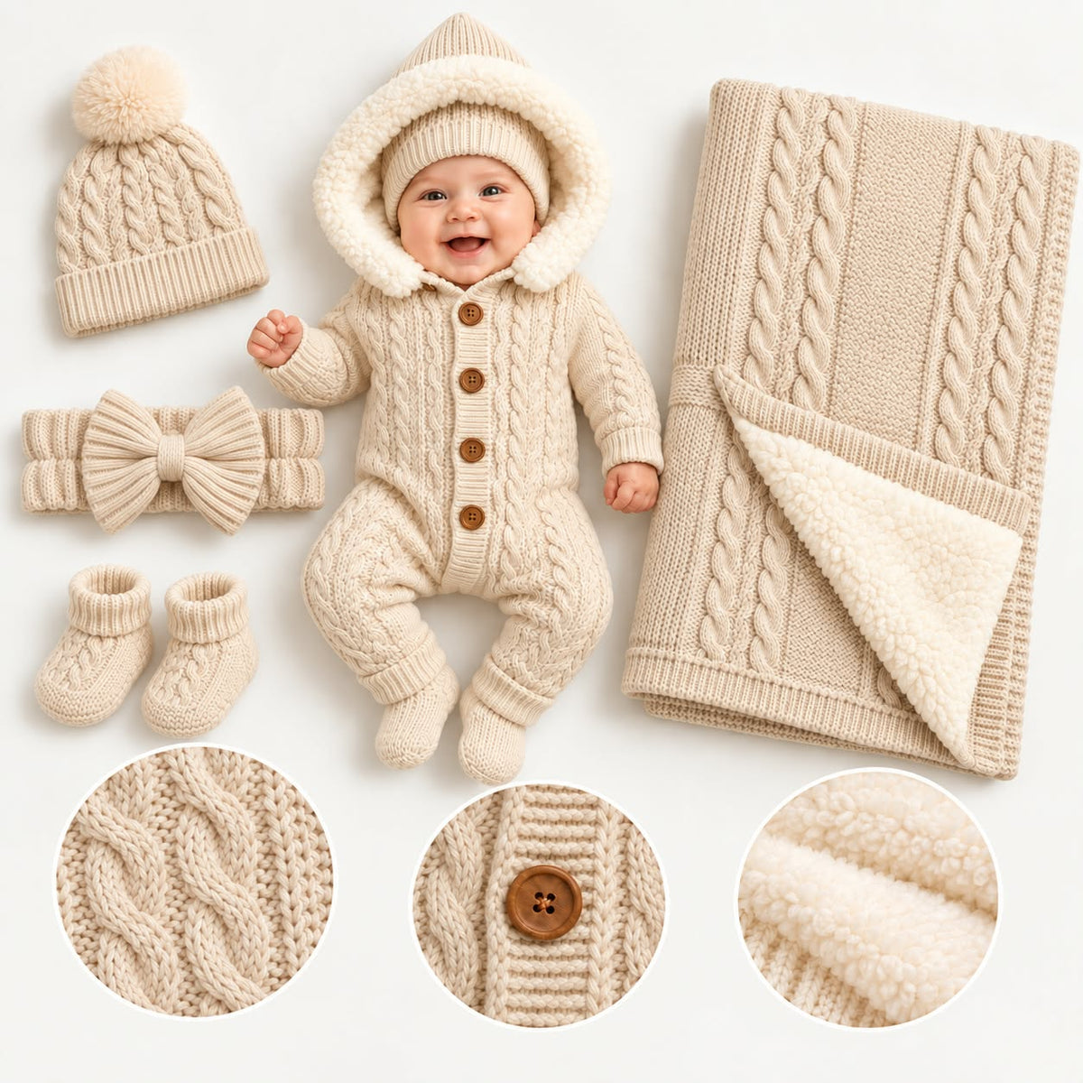 Knitted Baby Gift Set with Blanket & Bow Wrap – 5 Pieces