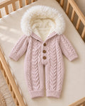 Cable Knit Baby Romper with Soft Lining & Hood