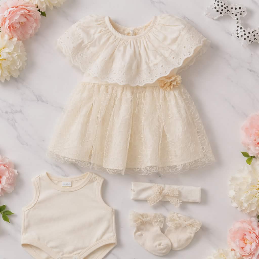 Delicate Baby Girls Set-Dress,Bodysuit,Headband & Socks