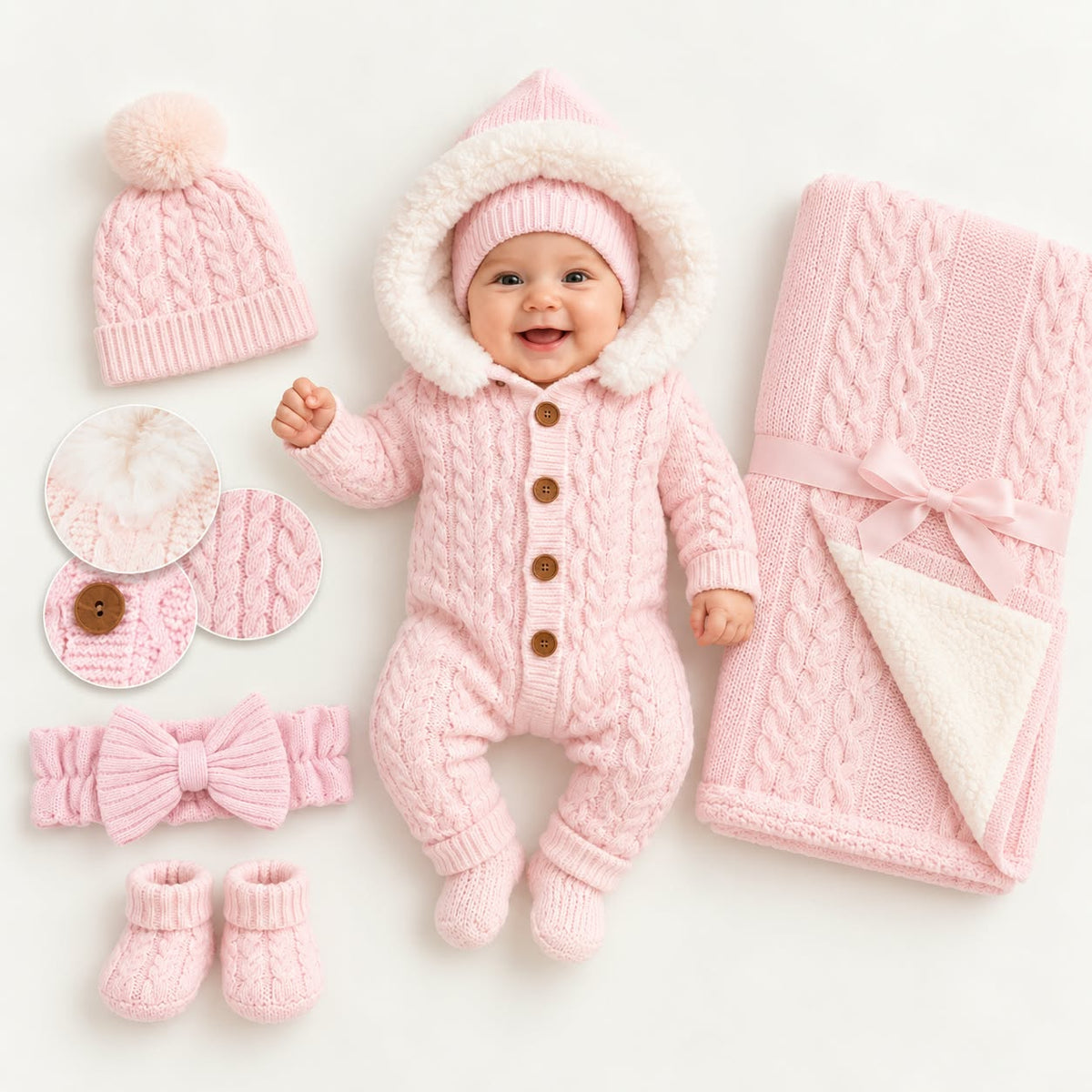 Knitted Baby Gift Set with Blanket & Bow Wrap – 5 Pieces