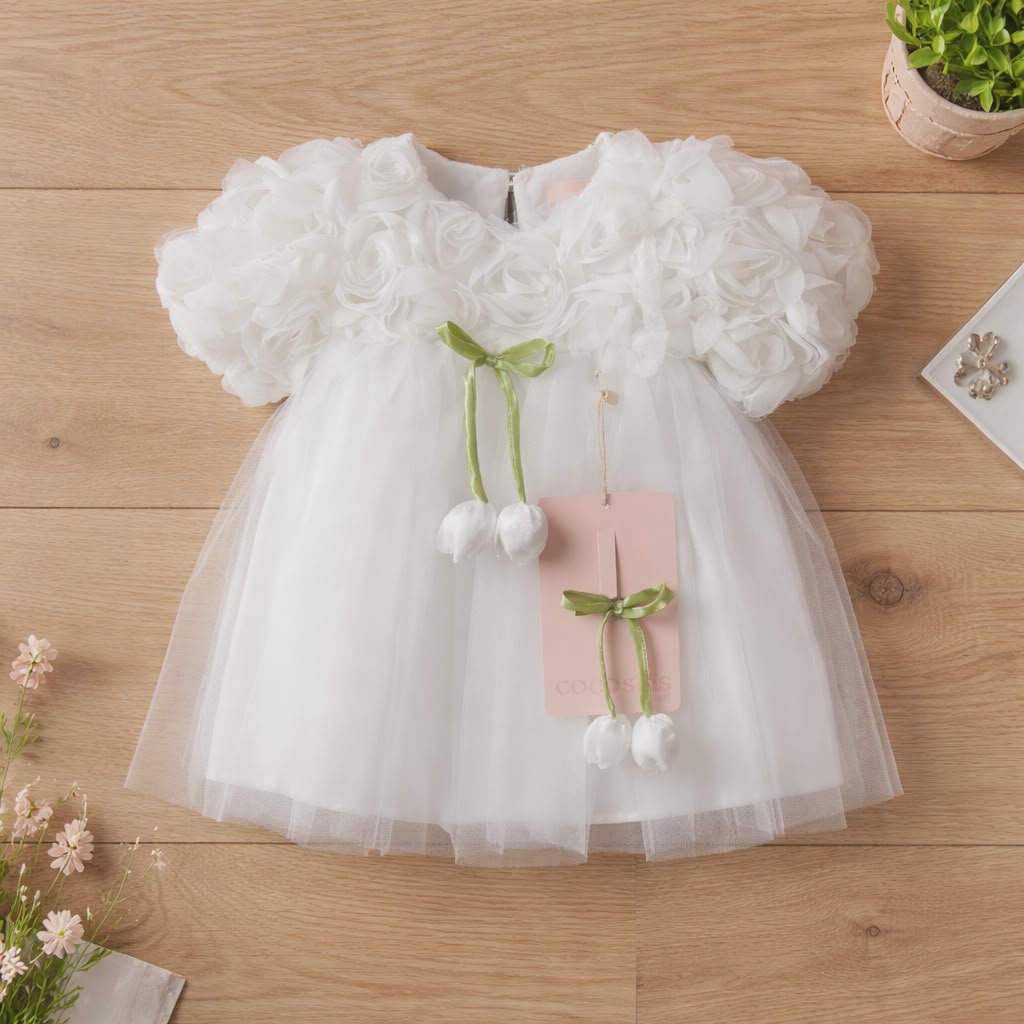 Elegant Baby Girl Dress with Floral Detail & Matching Hair Clip