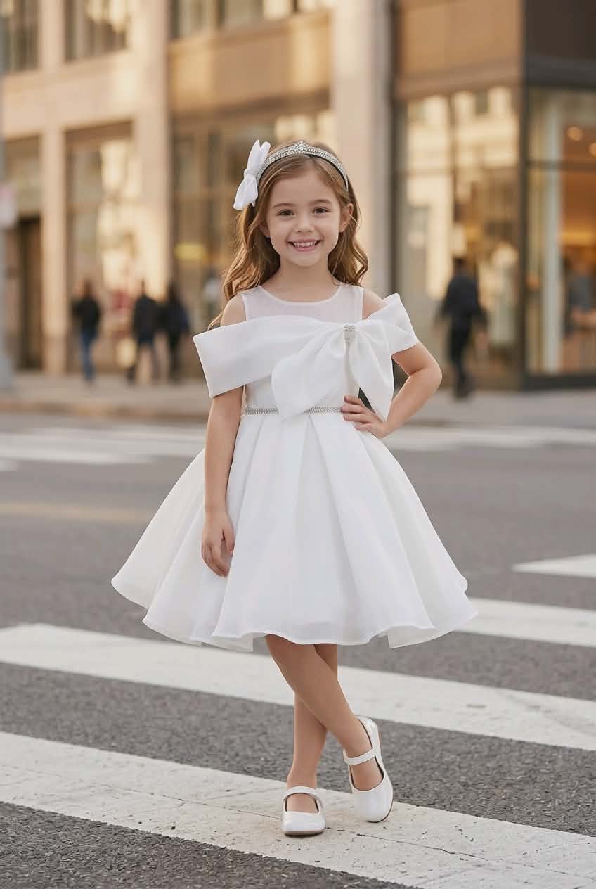 Elegant White Princess Dress for Girls with Bow Headband