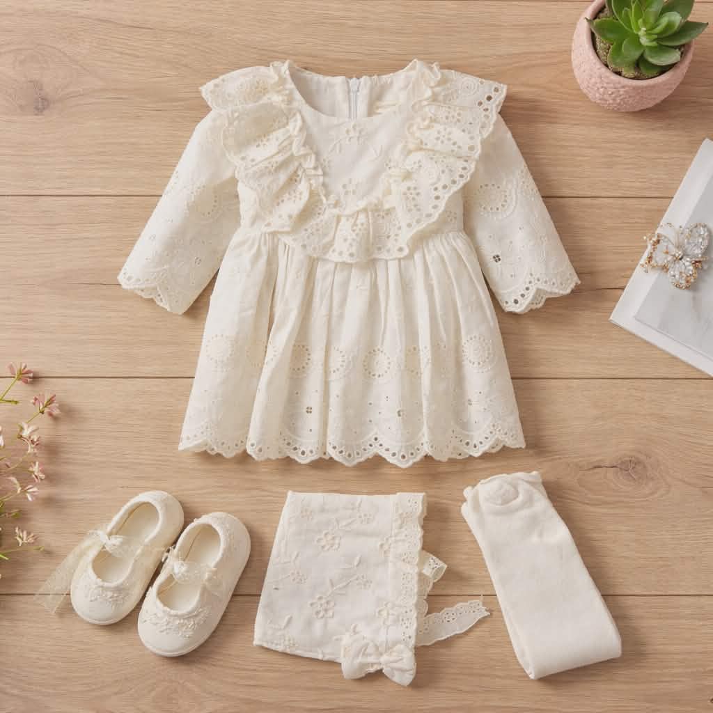 Elegant Baby Girl Set-Dress,Bonne, Tights & Shoes