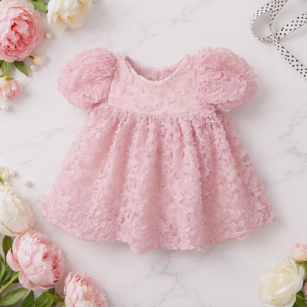 Elegant Baby Girl Dress with Floral Texture & Bow Detail