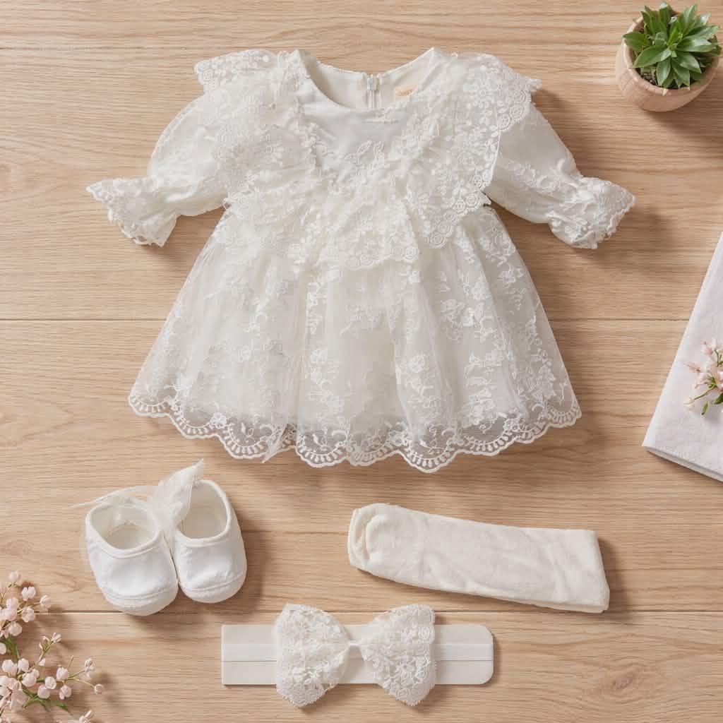 Angel Baby Girl Outfit Set-Lace Dress,Shoes, Headband &Tights