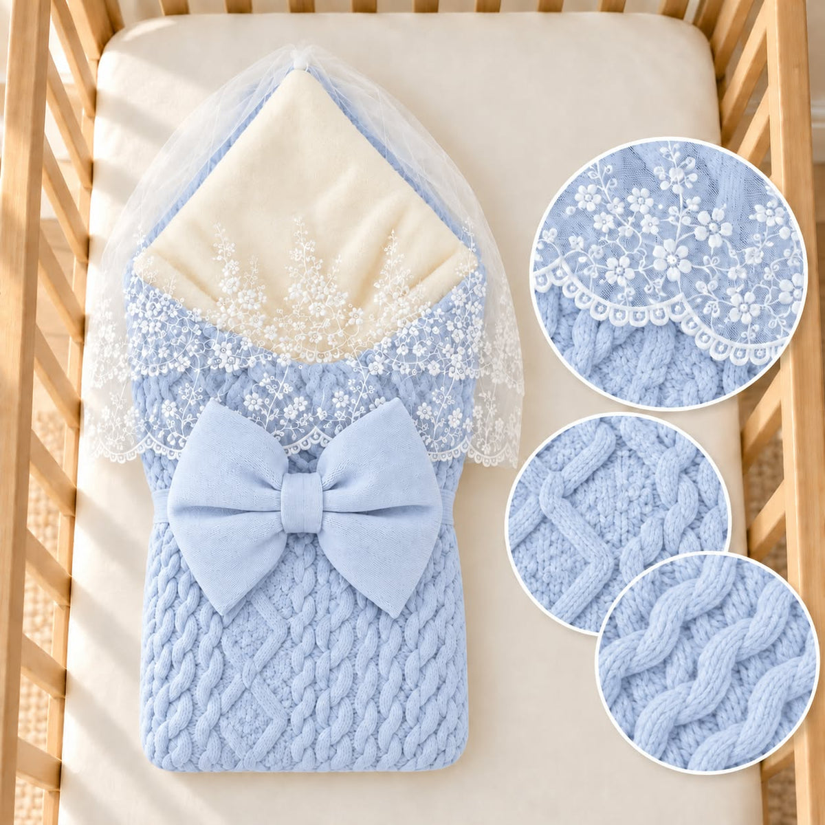 Knitted Baby Swaddle with Bow and Lace