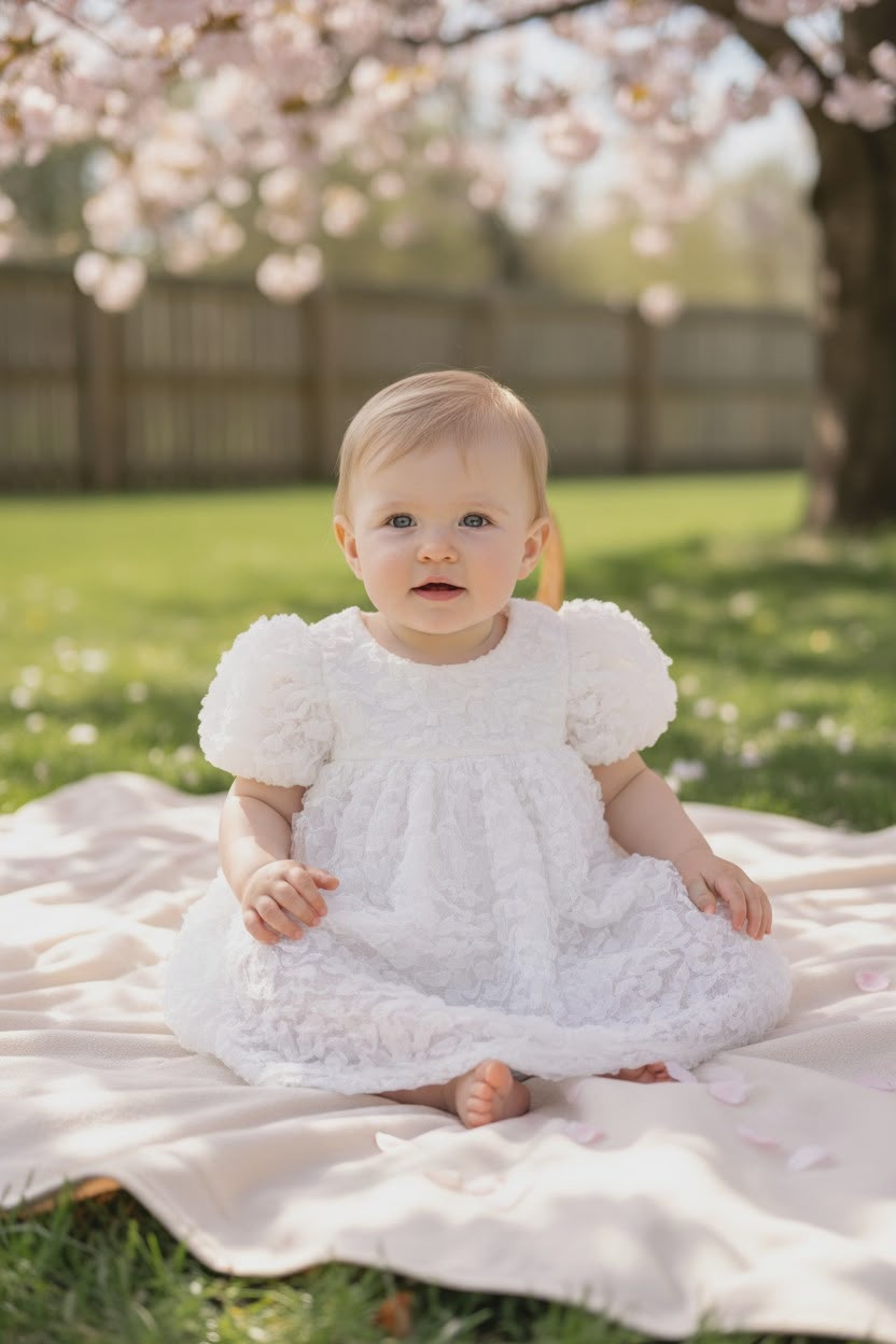 Elegant Baby Girl Dress with Floral Texture & Bow Detail