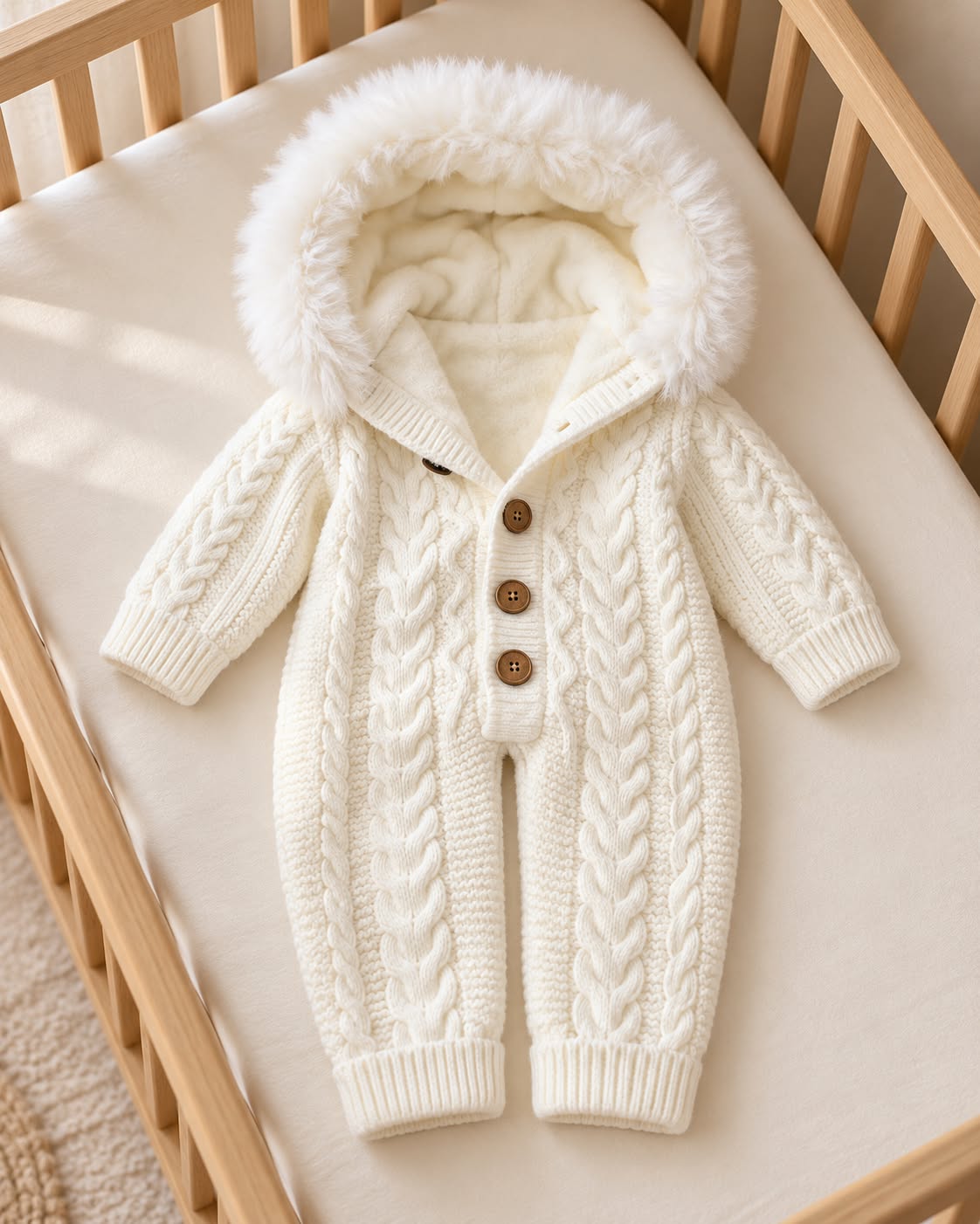 Cable Knit Baby Romper with Soft Lining & Hood