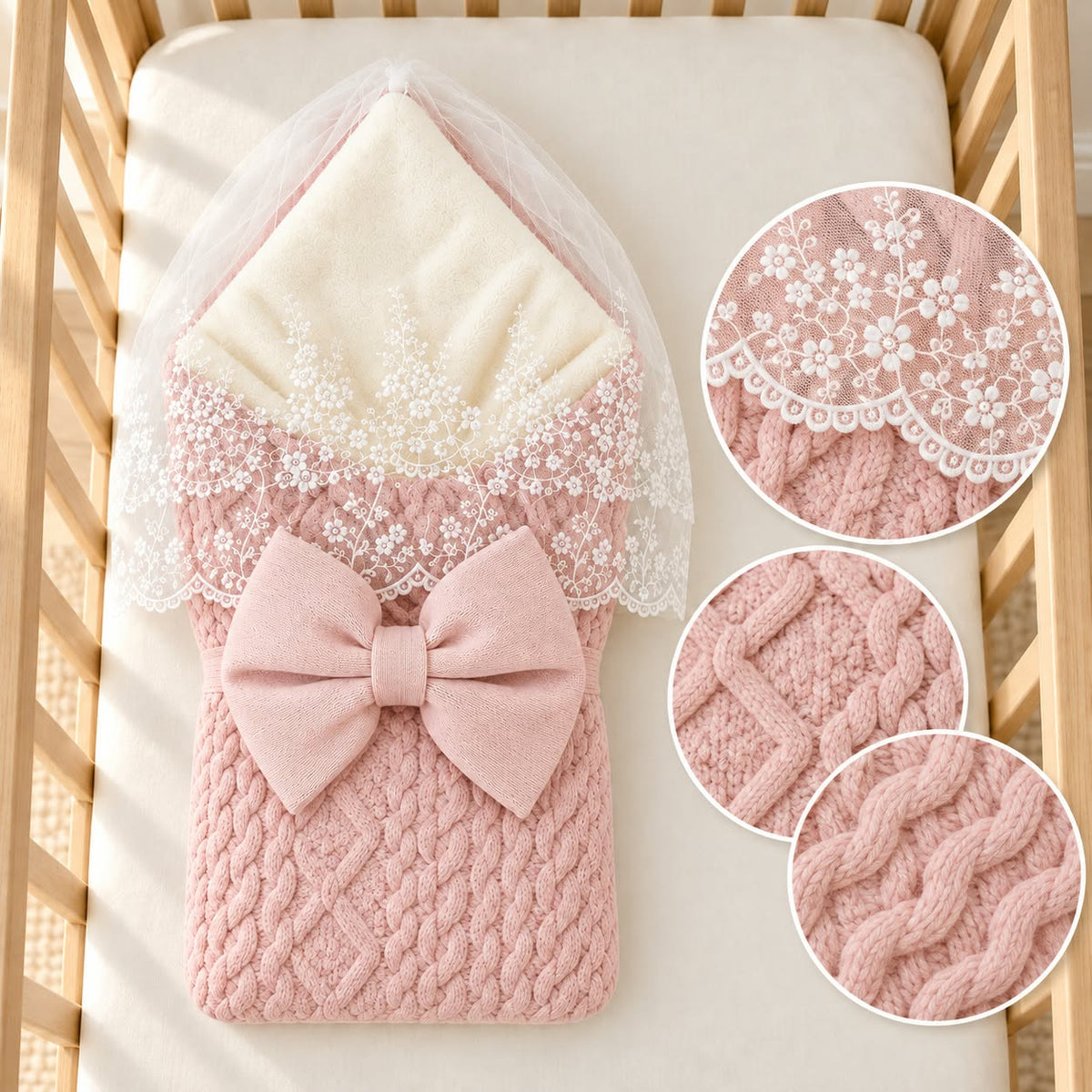 Knitted Baby Swaddle with Bow and Lace