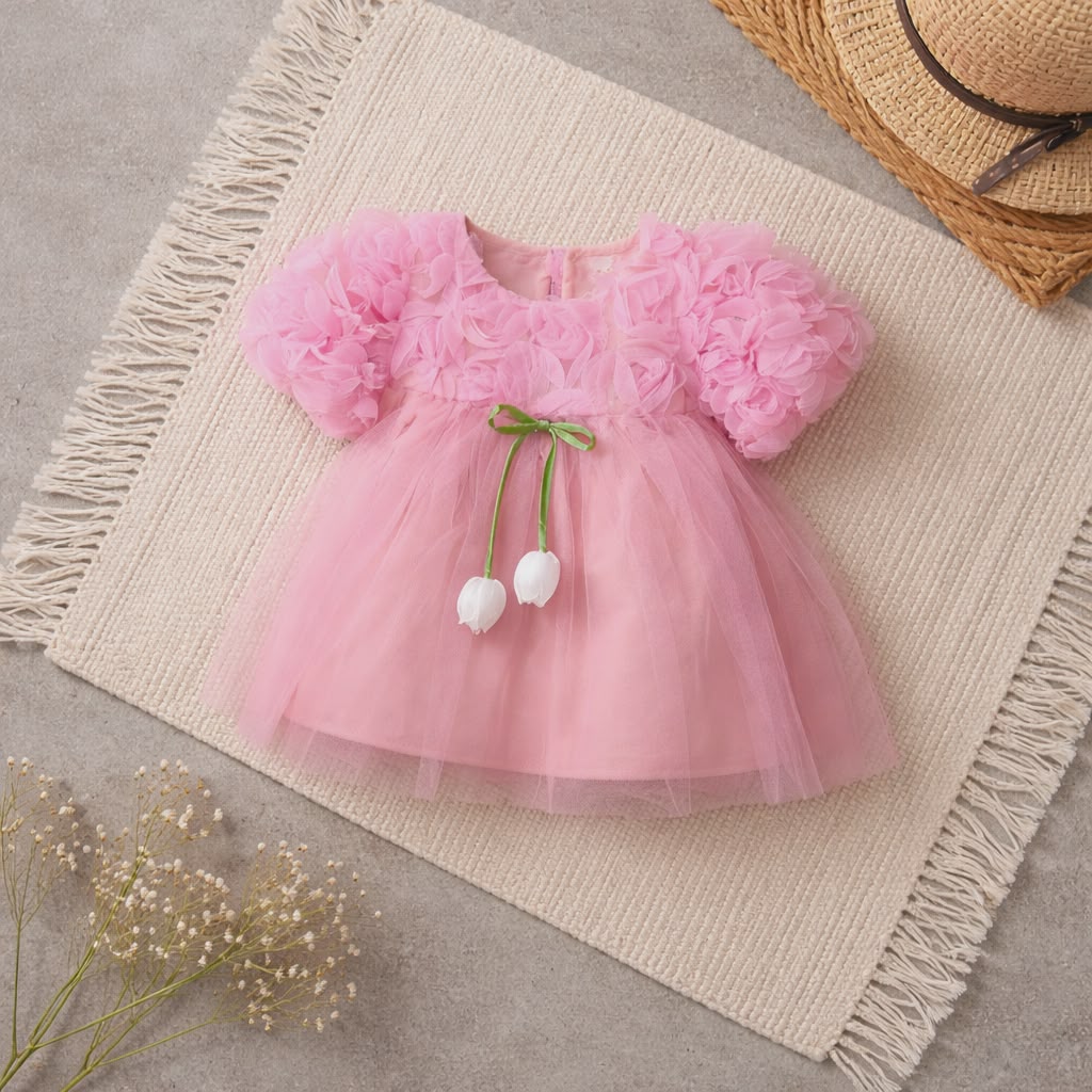 Elegant Baby Girl Dress with Floral Detail & Matching Hair Clip