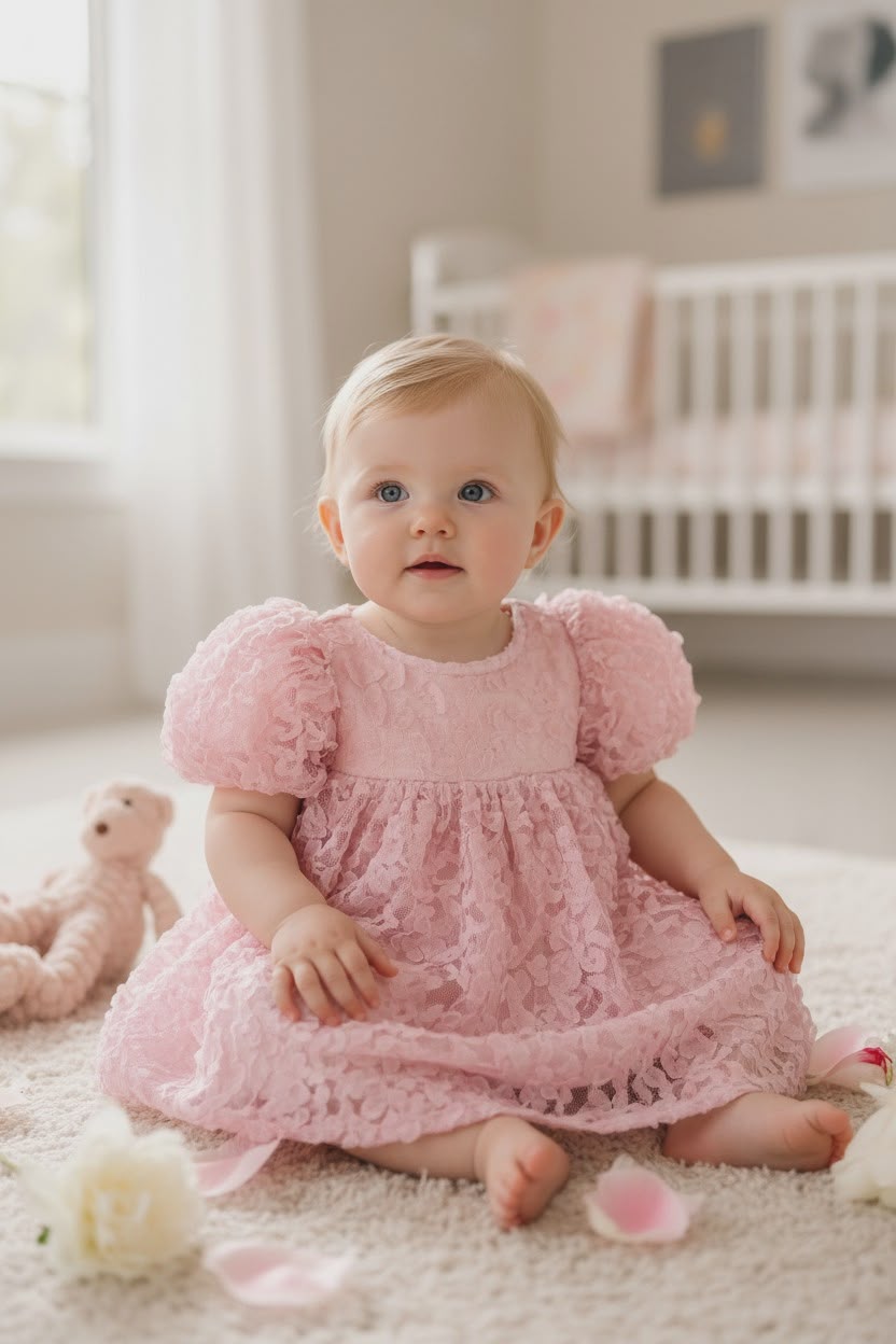 Elegant Baby Girl Dress with Floral Texture & Bow Detail