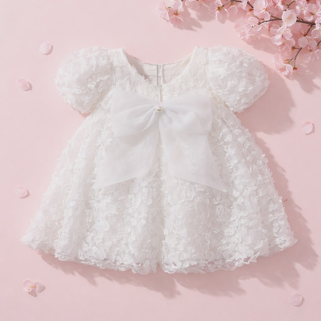 Elegant Baby Girl Dress with Floral Texture & Bow Detail