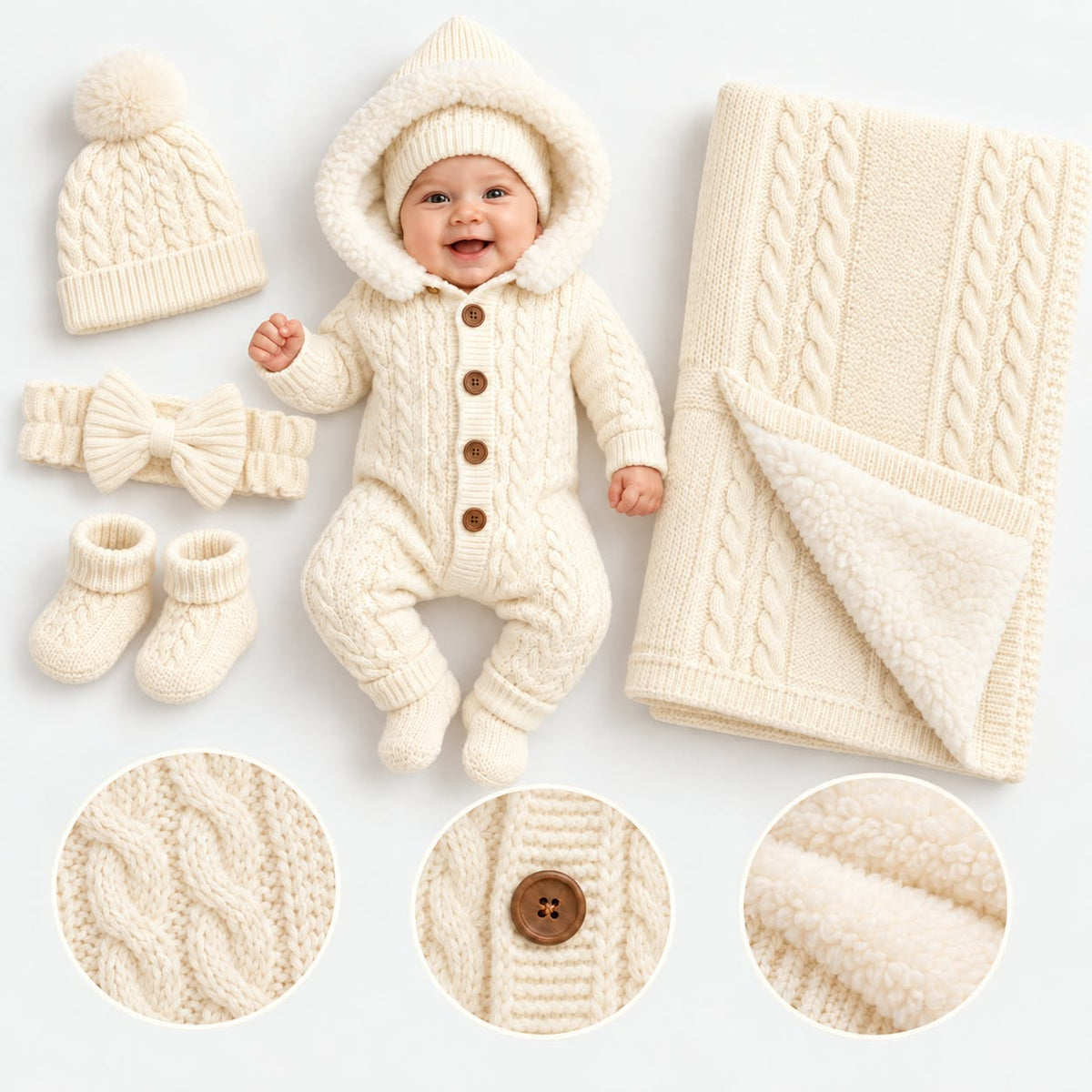 Knitted Baby Gift Set with Blanket & Bow Wrap – 5 Pieces